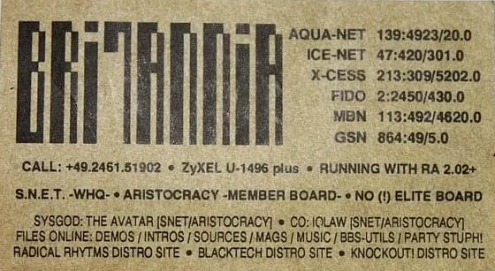 Business card of the Britannia BBS listing all its network addresses