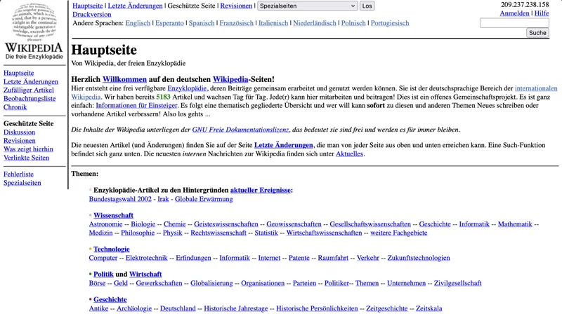 Screenshot of the German-language Wikipedia in 2002