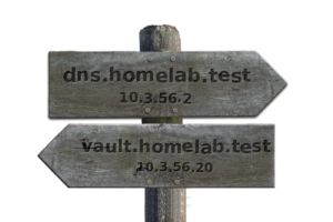 Verwitterter hölzerner Wegweiser mit eingefrästen DNS-Namen und IP-Adressen