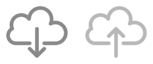 Zwei identische Wolken-Symbole nebeneinander, das linke mit einem Pfeil nach unten, das rechte blasser mit einem Pfeil nach oben